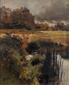 Sommerliche Landschaft Mit Teich, Erntefeld Und Waldhintergrund by Anna Peters
