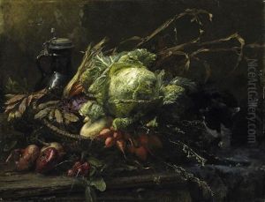Groses Kuchenstilleben Mit Einem Korb Gemuse, Daneben Eine Katze by Anna Peters