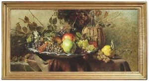 Stilleben Mit Trauben, Apfeln Und Birnen Auf Einer Buckelplatte. Dahinter Ein Blumenstraus Und Eine Korbflasche by Anna Peters