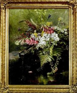 Blumenbouquet Aus Bunten Wiesenblumen Auf Der Steinernen Umfassungsmauer Eines Teiches by Anna Peters