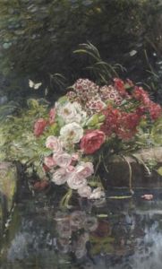 Blumenbouquet Aus Heckenrosen Und Floks Auf Der Steinernen Umfassungsmauer Eines Teiches by Anna Peters