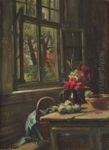 Kucheninterieur Mit Einem Alten Bauerntisch, Auf Dem Ein Straus Wiesenblumen Steht