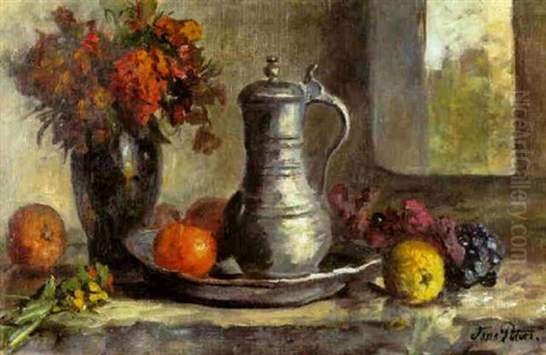 Stilleben Mit Herbstblumen, Fruchten Und Zinnkanne - view 1