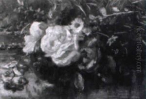 Rosen, Margeriten Und Andere Bluten Am Ufer Eines Teiches Liegend
