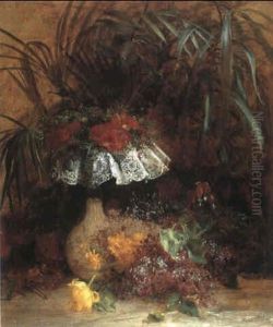 Stilleben Mit Sommerblumen Vor Einem Hintergrund Mit Palmenblattern by Anna Peters