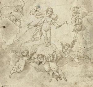 The Infant Christ In Glory Holding Two Crosses And Supported By Putti by Pedro Anastasio Bocanegra