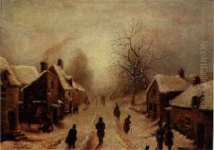 A Winter Landscape With Figures On A Frozen River by Bernhard Peters