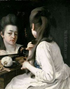A Young Lady At Her Dresser Before A Mirror by Jean Antoine de Peters