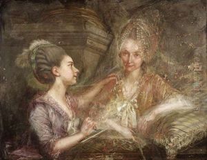 Doppelportrait Zweier Frauen Vor Einer Steinsaule by Johann Anton de Peters