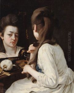 A Young Lady Seated With Her Back Turned And Looking At Herself In A Mirror by Johann Anton de Peters