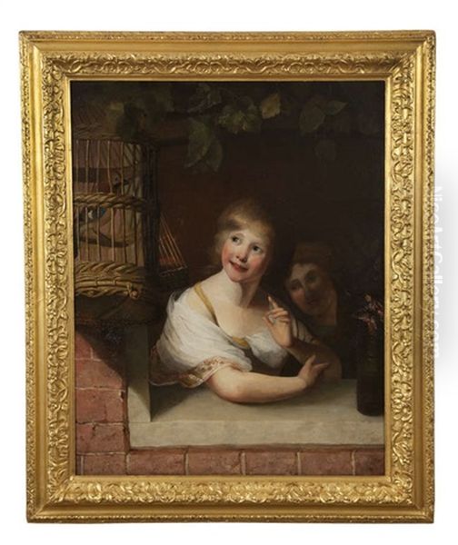 Two Young Girls At A Window Ledge, Looking At A Caged Jay - view 1