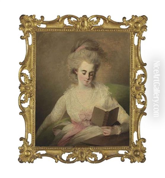 A Young Lady In A White Dress With Pink Bows, Seated At A Table, Reading A Book - view 1