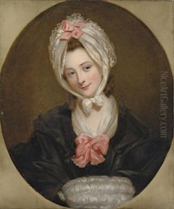 Portrait Of A Lady (the Artist's Wife?) In A Black Dress With A Pink Bow And A Lace Cap And Muff