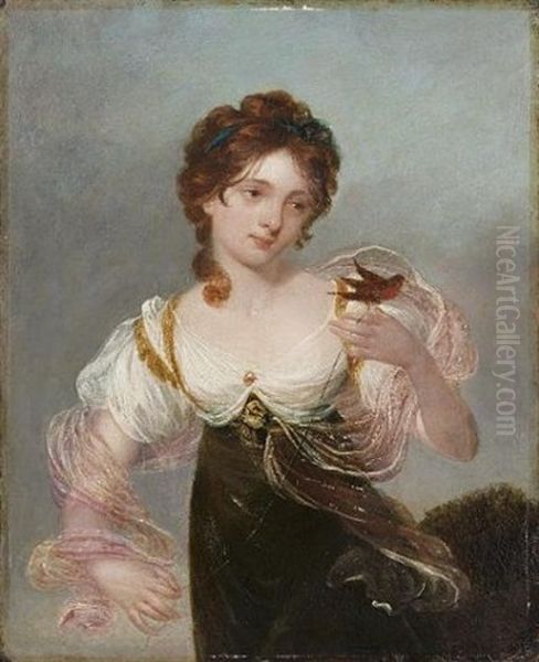Portrait Of A Lady In A Landscape Holding A Tethered Robin - view 1