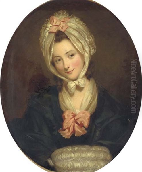 Portrait Of A Lady In A Black Dress With Pink Bow And A Lace Cap And Muff - view 1
