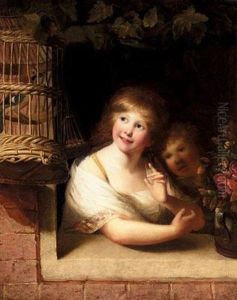 Two Children With A Jay In A Cage by Rev. Matthew William Peters