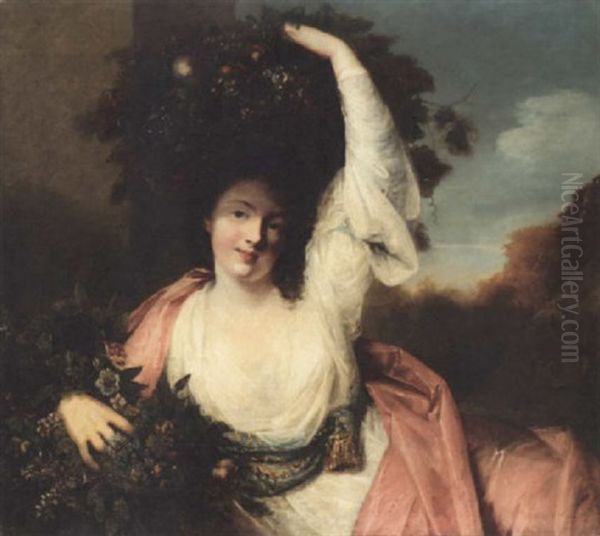 A Young Lady In A White And Pink Dress Carrying Flowers And Fruit - view 1