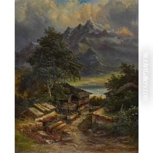 Berg- Und Seelandschaft Mit Bauernhaus Und Staffage