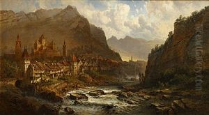 Stad Aan Een Rivier In Het Gebergte by Pieter Francis Peters