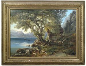 Am Brienzer See. Idyllische Sommerlandschaft Mit Holzhaus Unter Grosen Baumen Am Seeufer