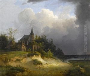 Kirche Mit Bauernhausern An Einem Sturmischen See