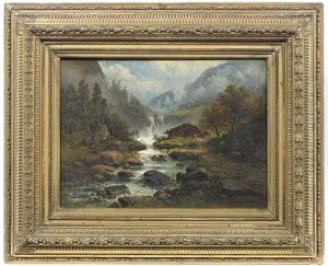 Herbstliche Hochgebirgslandschaft Mit Wasserfall Und Bergbauernhof