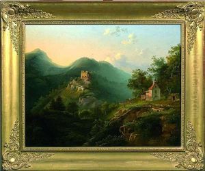 Bewaldete Gebirgslandschaft Mit Burgruine Und Bergbauernhof