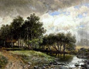Baumgesaumter Bachlauf Mit Bauernhaus Unter Bewolktem Himmel Baumgesaumter Bachlauf Mit Bauernhaus Unter Bewolktem Himmel
