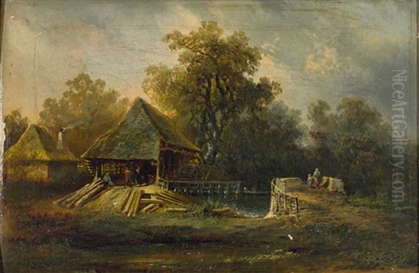Sommerlandschaft Mit Sagewerk, Bachlauf Und Brucke - view 1