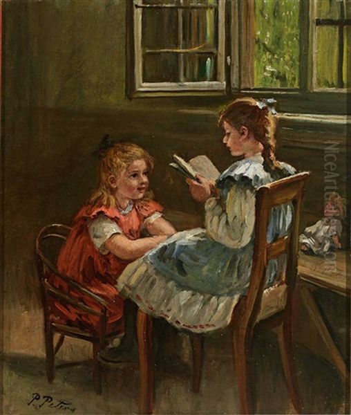 Zwei Kleine Madchen In Der Stube Beim Vorlesen; Reizendes Genre - view 1