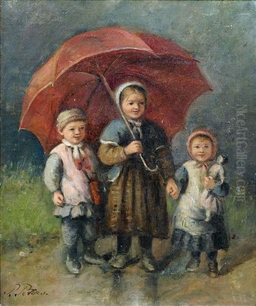 Drei Kinder Mit Rotem Regenschirm - view 1