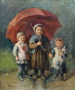 Drei Kinder Mit Rotem Regenschirm