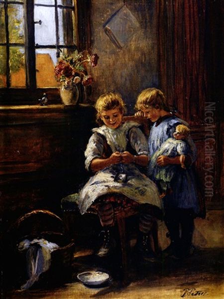Zwei Kleine Madchen Mit Puppe Am Fenster In Einer Stube - view 1
