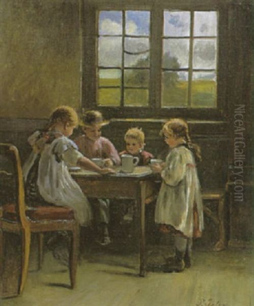 Vier Kinder Beim Milchtrinken Am Tisch Vor Dem Fenster - view 1