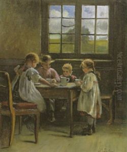 Vier Kinder Beim Milchtrinken Am Tisch Vor Dem Fenster by Pietronella Peters