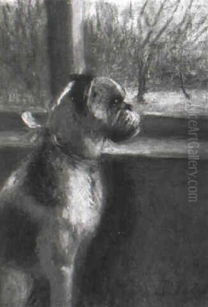 Ein Mops Mit Blauem Band Sitzt Am Fenster - view 1