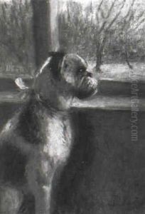 Ein Mops Mit Blauem Band Sitzt Am Fenster