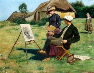 Landscape With A Young Painter And A Woman Admiring The Day's Work by Anne Sophie Petersen