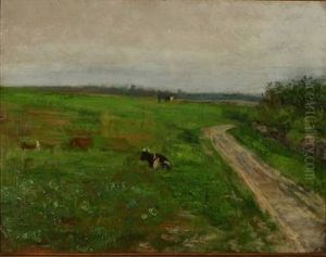 Graessende Kvaeg Ved En Hulvej, Sommer by Anne Sophie Petersen