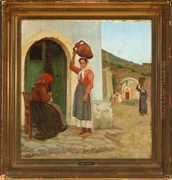 Italian Village Scenery With Women Fetching Water By The Well - view 1