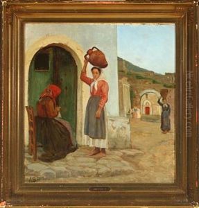 Italian Village Scenery With Women Fetching Water By The Well by Anne Sophie Petersen