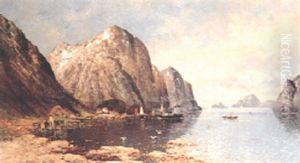 A Fjord Landscape With Boats Before A Fishing Village by Carl Olof Petersen