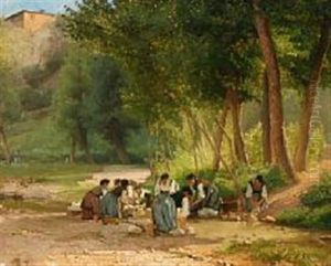 Italian Women Washing Clothes In A Steam