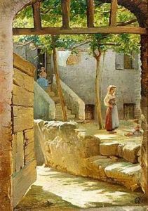 Italiensk Gardparti Med Mor Og Barn Under Vinranker by Edvard Frederik Petersen