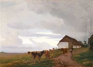 En Bondepige Pa Vej Ud For At Hente Koerne Hjem by Edvard Frederik Petersen