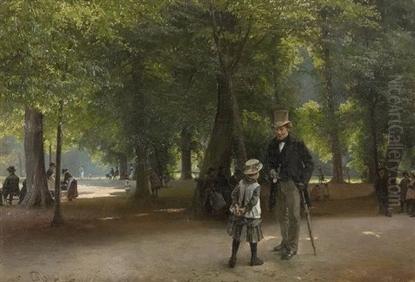 Fra Kongens Have, I Forgrunden Under Store Traeer Aeldre Herre Der Viser En Lille Pige Sit Lommeur, I Baggrunden Folkeliv - view 1