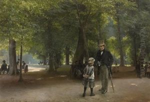 Fra Kongens Have, I Forgrunden Under Store Traeer Aeldre Herre Der Viser En Lille Pige Sit Lommeur, I Baggrunden Folkeliv