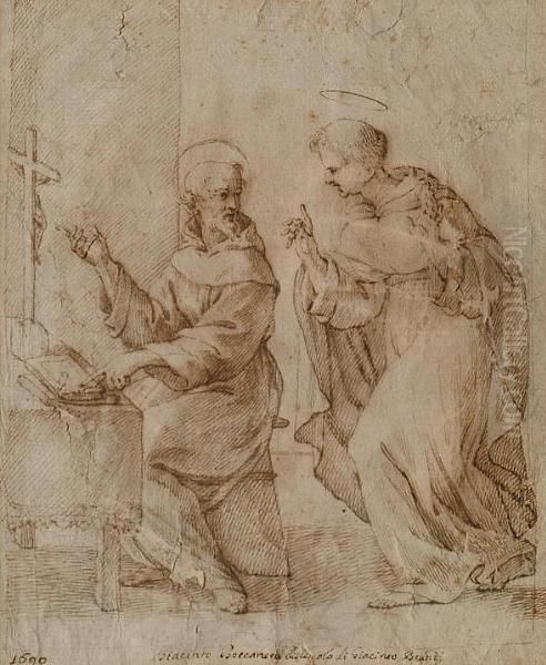 Two Sainted Monks Disputing, One Seated At A Table, Pointing With One Hand To A Book And With The Other To A Crucifix - view 1