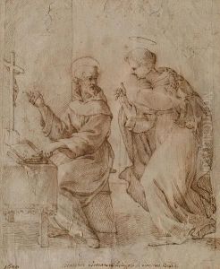 Two Sainted Monks Disputing, One Seated At A Table, Pointing With One Hand To A Book And With The Other To A Crucifix by Giacinto Boccanera