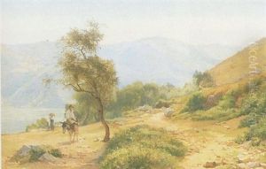 Italiensk Bjerglandskab Med Mand Pa Aesel Samt Kvinde Med Barn by Edvard Frederik Petersen